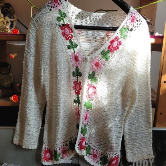 Vintage 90s crochet floral sheer cardigan handmade size medium - Picture 4 of 6